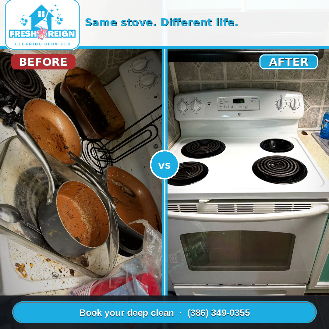 Before and after stove clean by Fresh Reign Cleaning